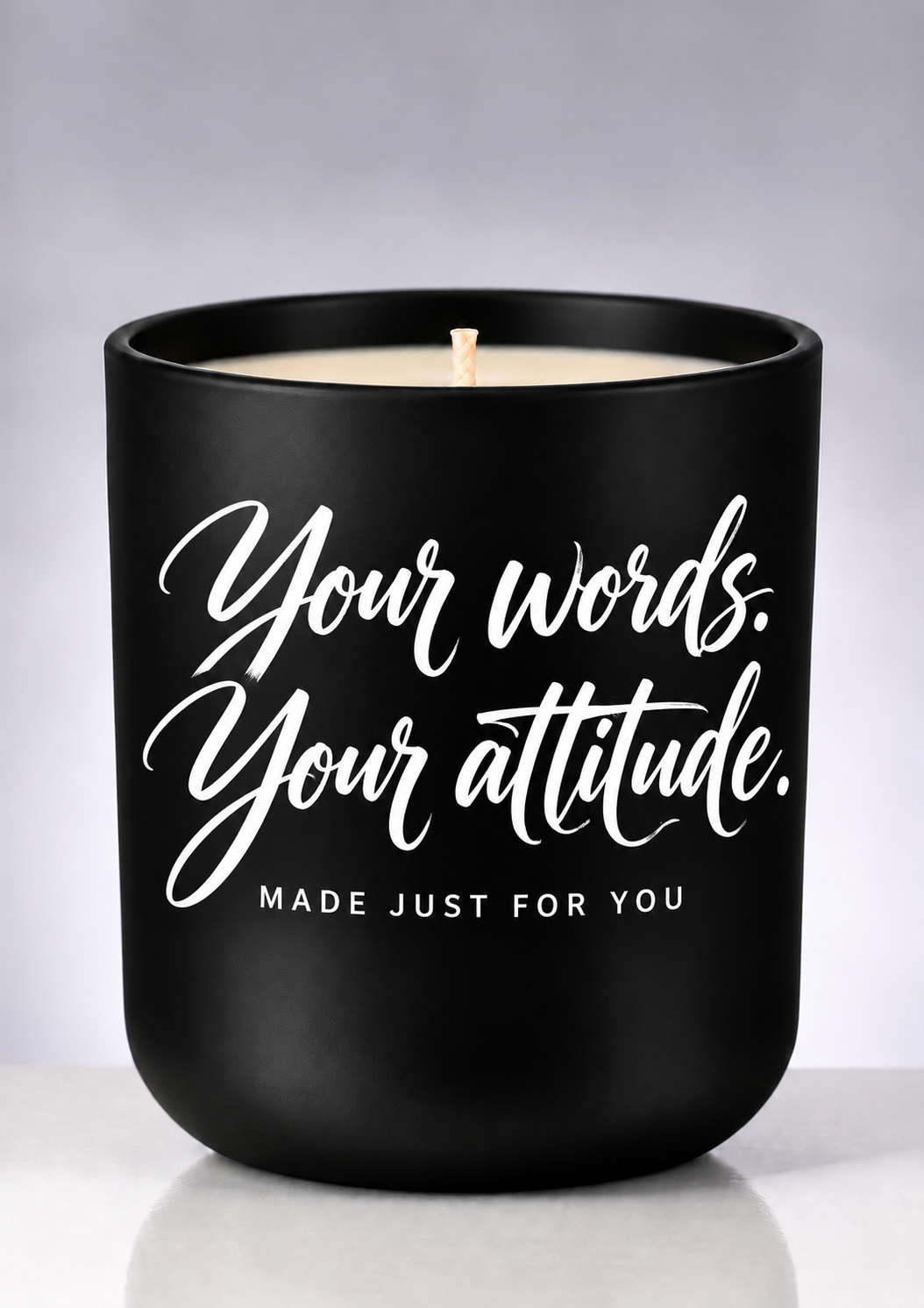 Create Your Own Rude or Funny Candle with playful white brush-script lettering on a matte-black jar