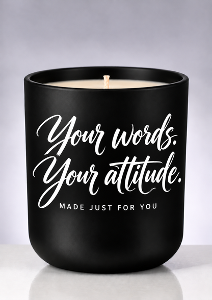 Create Your Own Rude or Funny Candle with playful white brush-script lettering on a matte-black jar