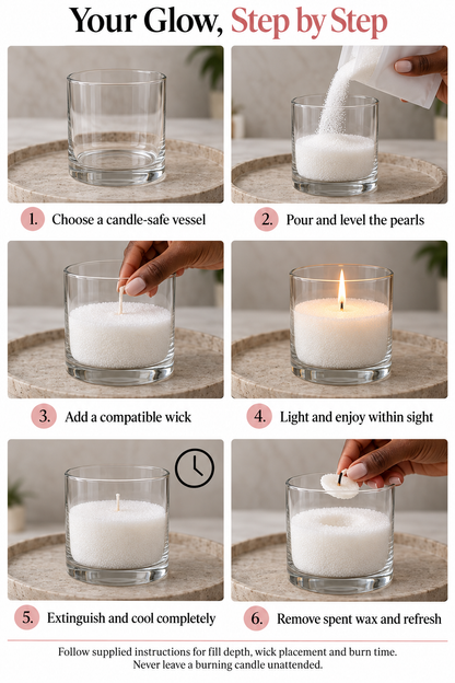 Six-step candle sand guide: choose a suitable vessel, pour pearls, position wick, burn within sight, cool fully, and remove spent wax