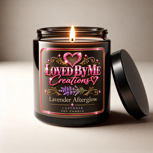 Lavender Afterglow soy candle with new Loved By Me Creations logo