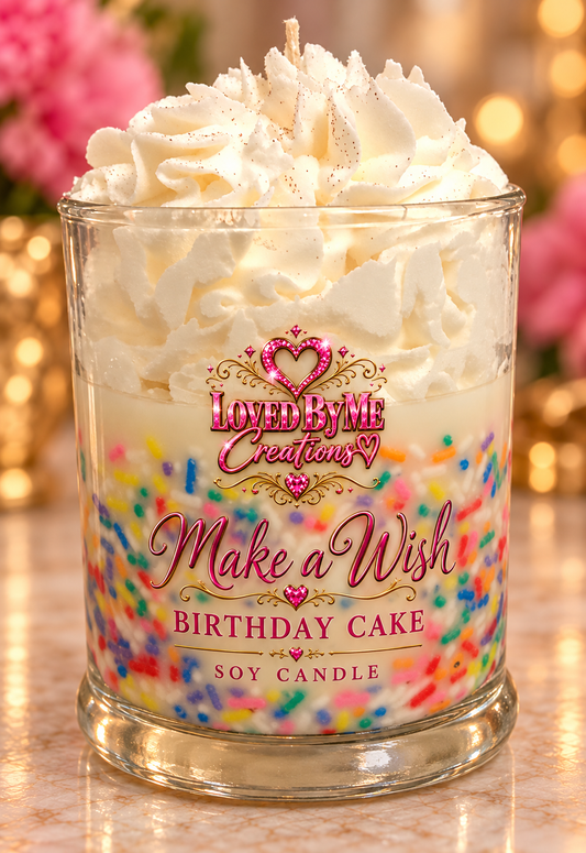 Make a Wish soy candle — Birthday Cake scent, clear-decal label