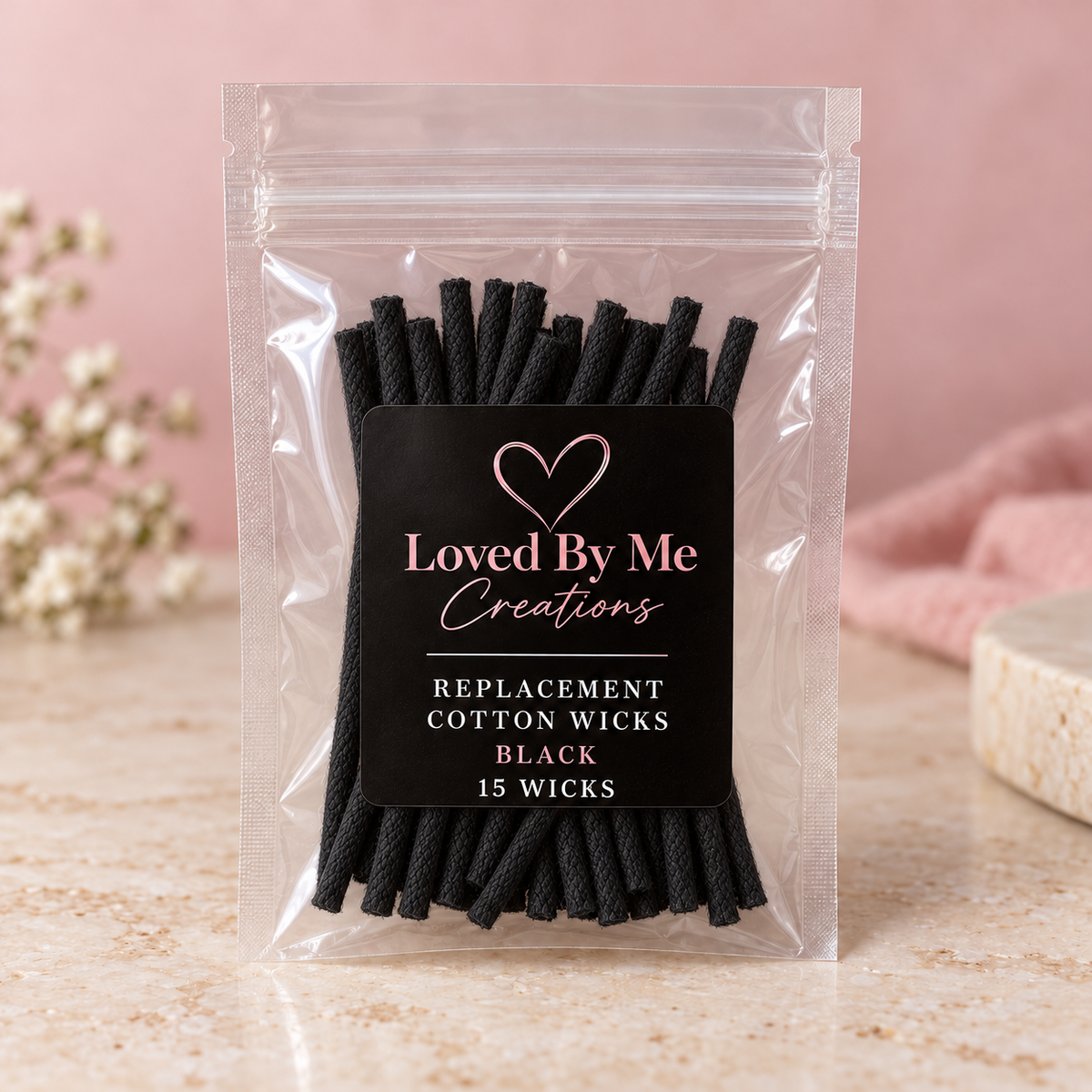 15 black replacement cotton wicks in Loved By Me Creations packaging