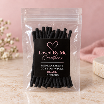 15 black replacement cotton wicks in Loved By Me Creations packaging