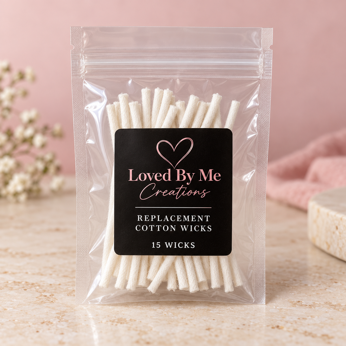 15 replacement cotton wicks in Loved By Me Creations packaging