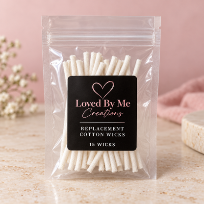15 replacement cotton wicks in Loved By Me Creations packaging