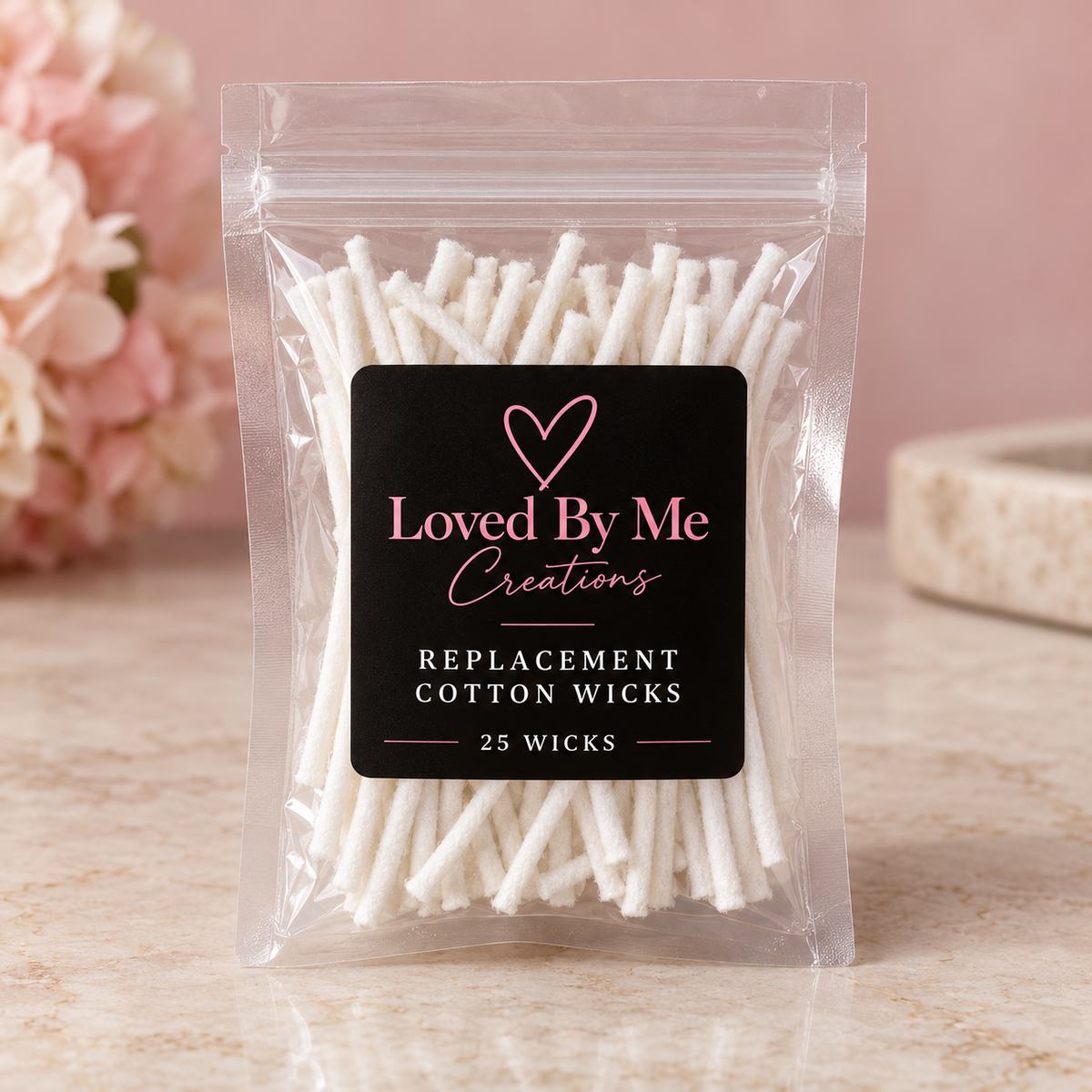 25 replacement cotton wicks in Loved By Me Creations packaging